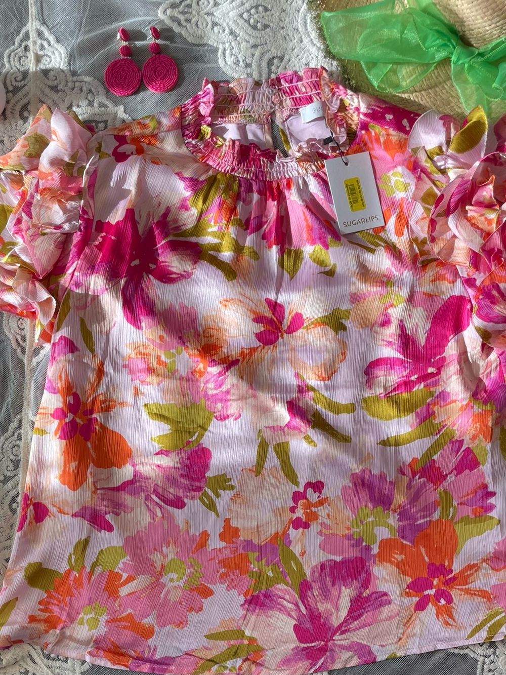Sugarlips Coral Pink Floral Tiered Ruffle Top